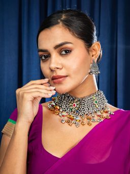 Niscka - Oxidized Kundan Choker Necklace with Earrings