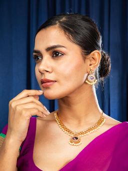 Niscka - 24K Gold Purple White Zircon Ethnic Necklace with Earring