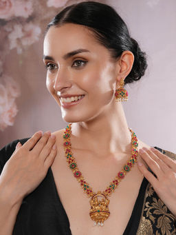 Aatmana - Gold Plated Ruby & Emerald Stone Studded Temple Necklace with Earrings