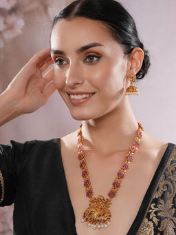 Aatmana - Gold Plated Faux Ruby Studded Floral Temple Necklace with Earrings