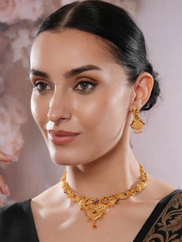 Aatmana - 22K Gold Plated Floral Design Necklace with Matching Earrings