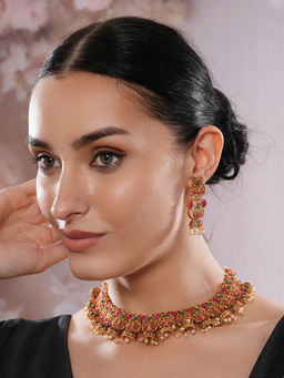 Aatmana - 22K Gold Plated Pearl Beads Ruby Kundan Stone Studded Necklace with Earrings