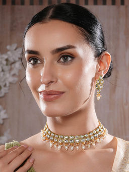 Aatmana - Gold Plated Kundan Studded White Beaded Handcrafted Necklace with Earrings