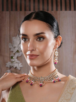 Aatmana - Gold Plated Kundan Lotus Shaped Black Pink Minakari Neckalce with Earrings