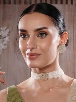 Aatmana - Gold Plated Kundan Studded Beaded White Floral Necklace and Earrings