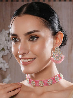 Aatmana - Gold Plated Baby Pink Kundan Studded and Beaded Necklace and Earrings