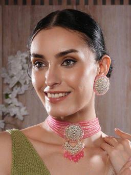 Aatmana - Gold Plated Baby Pink Kundan Studded Beaded Necklace and Earrings