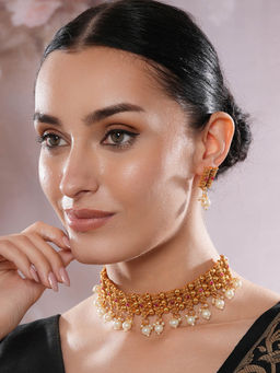 Aatmana - Gold Plated Stone Studded and Pearl Beaded Necklace and Earrings
