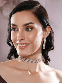Aatmana - Rosegold Crystaland Zirconia Studded Multistrand Necklace with Earrings