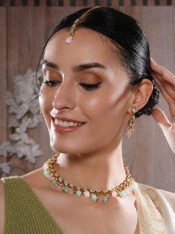Aatmana - Gold Plated Kundan Studded Beaded Necklace with Earrings, Maangtikka