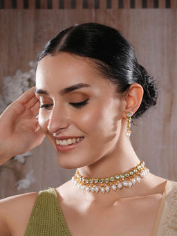 Aatmana - Gold Plated Circular Kundan Studded Beaded Necklace with Earrings
