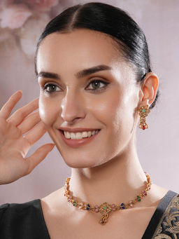 Aatmana - Gold Plated Mult Ccolor Floral Filgiree Necklace with Earrings