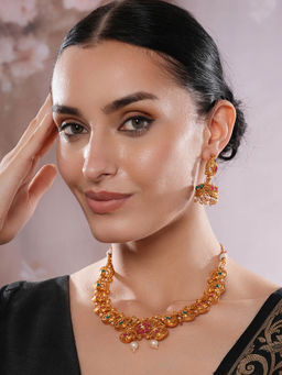 Aatmana - Multi Color Stone Studded Antique Peacock Necklace with Earrings