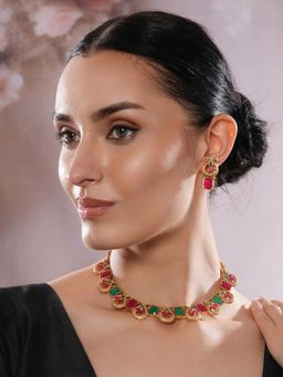 Aatmana - Gold Plated Red Green Stone Studded Peacock Necklace with Earrings