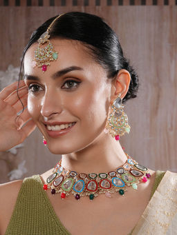 Aatmana - Gold Plated Multi Color Stone Studded Necklace with Earrings, Maangtikka