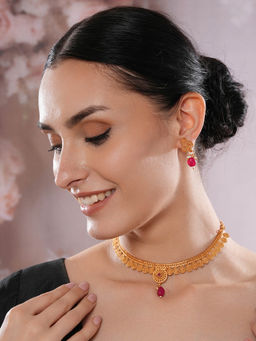 Aatmana - Gold Plated Red Stone Studded Spiral Necklace with Earrings