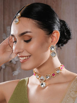 Aatmana - Gold Plated Red White Stone Studded Necklace with Earrings & Maangtikka