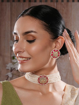 Aatmana - Gold Plated Green & Pink Meenakari Work Floral Multistrand Necklace with Earrings