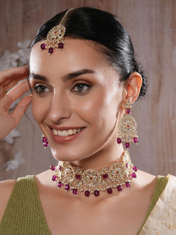 Aatmana - 18 k Gold Plated Kundan Zirconia Studded Pearl Necklace with Earrings & Maangtikka