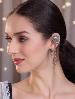OOMPH - Womens Oxidised Silver Ethnic Ear Cuff Earrings with Chain