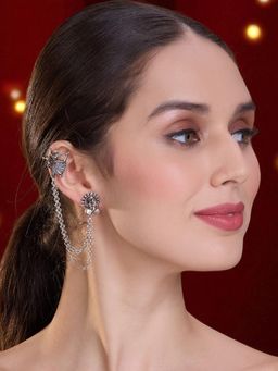 OOMPH - Radha Dancing Design Oxidised Silver Ethnic Ear Cuff Earring with Chain