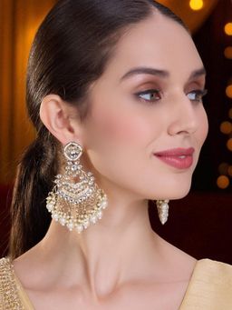 OOMPH - Womens Long Design Kundan Cluster Pearls Gold Ethnic Drop Earrings