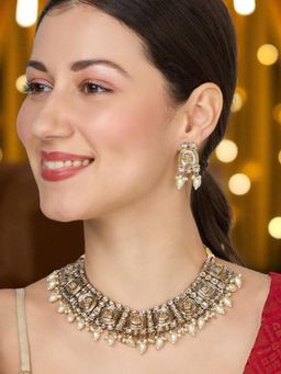 OOMPH - Large Kundan Stones Gold Tone Necklace with Earrings