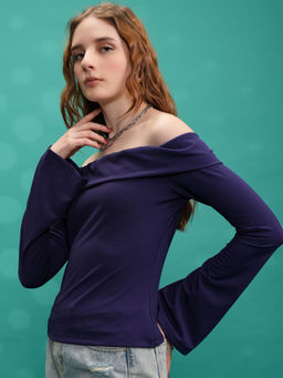 TOKYO TALKIES - Women Purple Rib Off Shoulder Bell Long Sleeve Top
