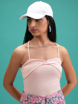 TOKYO TALKIES - Women Pink Solid Strappy Front Twisted Rib Crop Top