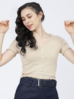 TOKYO TALKIES - Women's Beige V Neck Top