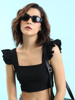 TOKYO TALKIES - Women Black Solid Knitted Tie-Back Crop Top