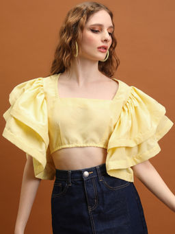 TOKYO TALKIES - Women Pale Banana Solid Exaggerated Ruffled Crop Top