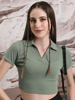 TOKYO TALKIES - Women Olive Knitted Crop Top