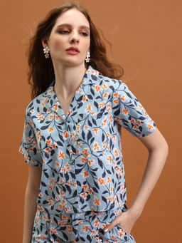 TOKYO TALKIES - Women Blue Printed Crop Shirt