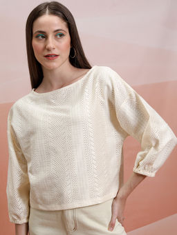 TOKYO TALKIES - Women Off White Loose Drop Shoulder Boat Neck Solid Crochet Top