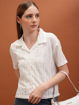 TOKYO TALKIES - Women White Loose Drop Shoulder Crochet Shirt