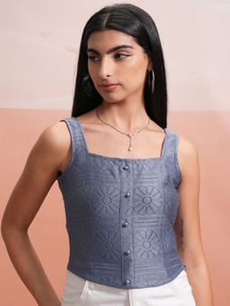TOKYO TALKIES - Women Blue Solid Crochet Sleeveless Top