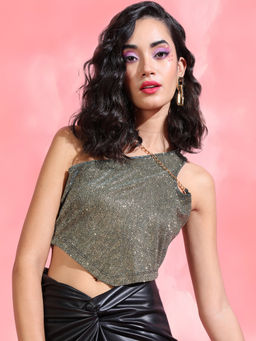 TOKYO TALKIES - Women Gold Teal One Shoulder Crop Top