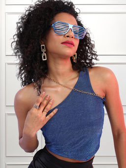 TOKYO TALKIES - Women Blue One Shoulder Crop Top