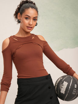 TOKYO TALKIES - Women Brown Solid Cut-Out Full Sleeve Top