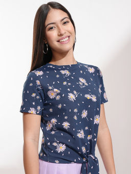TOKYO TALKIES - Women Navy Floral Printed Front Tie Up Top