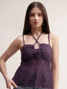 TOKYO TALKIES - Women Purple Textured Halter Neck Corsage Top