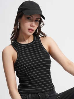 TOKYO TALKIES - Women Black Striped Rib Tank Top