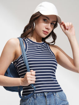 TOKYO TALKIES - Women Navy Blue Striped Rib Tank Top