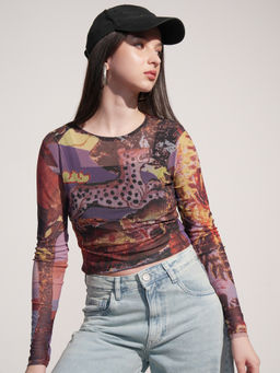TOKYO TALKIES - Women Black Multi Printed Full Sleeve Mesh Crop Top