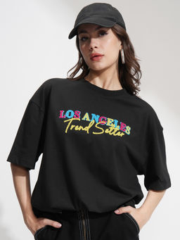 TOKYO TALKIES - Women Black Oversized Chest Embroidered T-Shirt