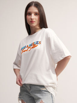 TOKYO TALKIES - Women White Oversized Chest Embroidered T-shirt