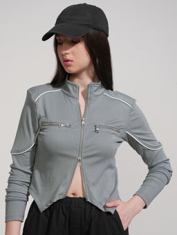 TOKYO TALKIES - Women Grey Solid Fitted Zip Top