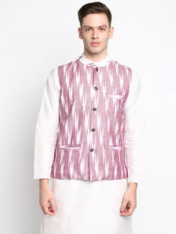 Devoiler - Men Pink & White Ikat Design Pure Cotton Nehru Jacket