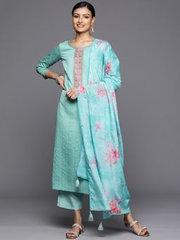 Libas - Turquoise Viscose Dobby Yoke Detail Kurta With Pant & Silk Chiffon Dupatta